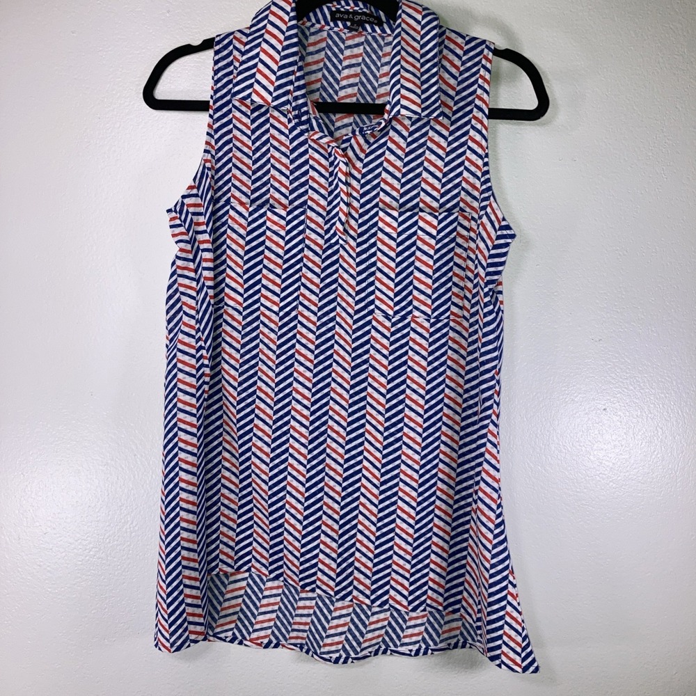 Ava & Grace Women's S Red White Blue Collared Sleeveless Blouse